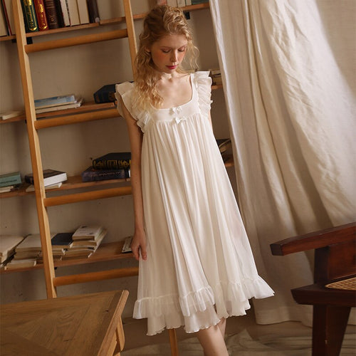 Fairy White Mesh Night Dress Women Summer Sleeveless Sexy Lace Peignoir Victorian Nightgowns Lolita Nightie Princess Sleepwear
