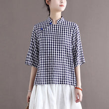 Load image into Gallery viewer, FairyNatural Ladies Plaid Blue Shirts And Tops 2021 Summer New Women Cotton Linen Stand Collar Retro Blouses Clothes Button
