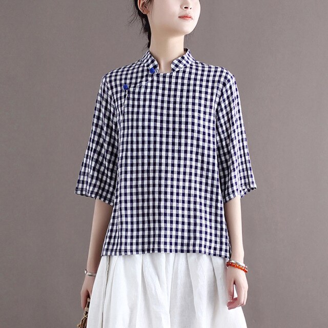 FairyNatural Ladies Plaid Blue Shirts And Tops 2021 Summer New Women Cotton Linen Stand Collar Retro Blouses Clothes Button