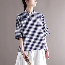 Load image into Gallery viewer, FairyNatural Ladies Plaid Blue Shirts And Tops 2021 Summer New Women Cotton Linen Stand Collar Retro Blouses Clothes Button