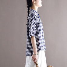 Load image into Gallery viewer, FairyNatural Ladies Plaid Blue Shirts And Tops 2021 Summer New Women Cotton Linen Stand Collar Retro Blouses Clothes Button