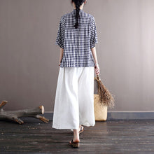 Load image into Gallery viewer, FairyNatural Ladies Plaid Blue Shirts And Tops 2021 Summer New Women Cotton Linen Stand Collar Retro Blouses Clothes Button