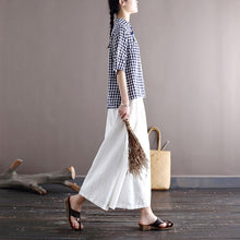 Load image into Gallery viewer, FairyNatural Ladies Plaid Blue Shirts And Tops 2021 Summer New Women Cotton Linen Stand Collar Retro Blouses Clothes Button