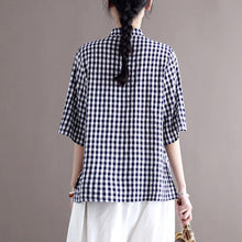 Load image into Gallery viewer, FairyNatural Ladies Plaid Blue Shirts And Tops 2021 Summer New Women Cotton Linen Stand Collar Retro Blouses Clothes Button
