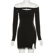 Load image into Gallery viewer, Fairycore Sexy Hollow Out Lace Women Dress Pure Black Slash Neck Long Sleeve See Through Vestido E Girl Split Fork Club Wear