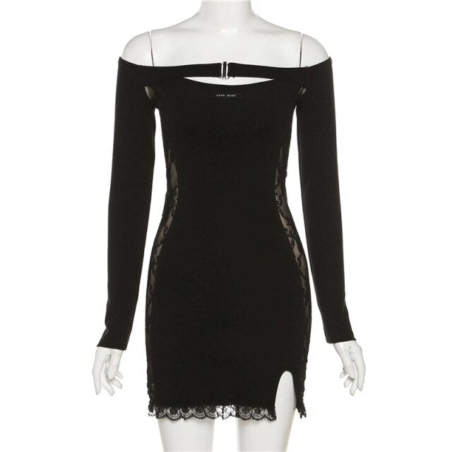 Fairycore Sexy Hollow Out Lace Women Dress Pure Black Slash Neck Long Sleeve See Through Vestido E Girl Split Fork Club Wear