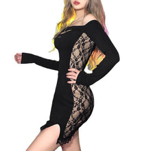 Load image into Gallery viewer, Fairycore Sexy Hollow Out Lace Women Dress Pure Black Slash Neck Long Sleeve See Through Vestido E Girl Split Fork Club Wear