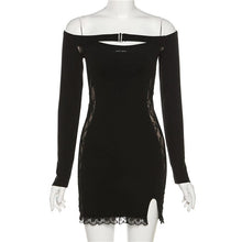 Load image into Gallery viewer, Fairycore Sexy Hollow Out Lace Women Dress Pure Black Slash Neck Long Sleeve See Through Vestido E Girl Split Fork Club Wear