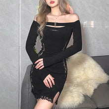 Load image into Gallery viewer, Fairycore Sexy Hollow Out Lace Women Dress Pure Black Slash Neck Long Sleeve See Through Vestido E Girl Split Fork Club Wear