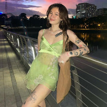 Load image into Gallery viewer, Fairycore Sexy Perspective Flower Print Dress Low Cut V Neck Sleeveless Lace Up Patchwork Women Vestido E Girl Streetwear