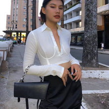 Load image into Gallery viewer, Fairycore Y2k Patchwork Female Crop Tops Sexy Half Cardigan Turn Down Collar Long Sleeve Tee E Girl Single Breasted T Shirt