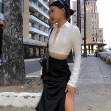 Load image into Gallery viewer, Fairycore Y2k Patchwork Female Crop Tops Sexy Half Cardigan Turn Down Collar Long Sleeve Tee E Girl Single Breasted T Shirt