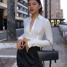 Load image into Gallery viewer, Fairycore Y2k Patchwork Female Crop Tops Sexy Half Cardigan Turn Down Collar Long Sleeve Tee E Girl Single Breasted T Shirt