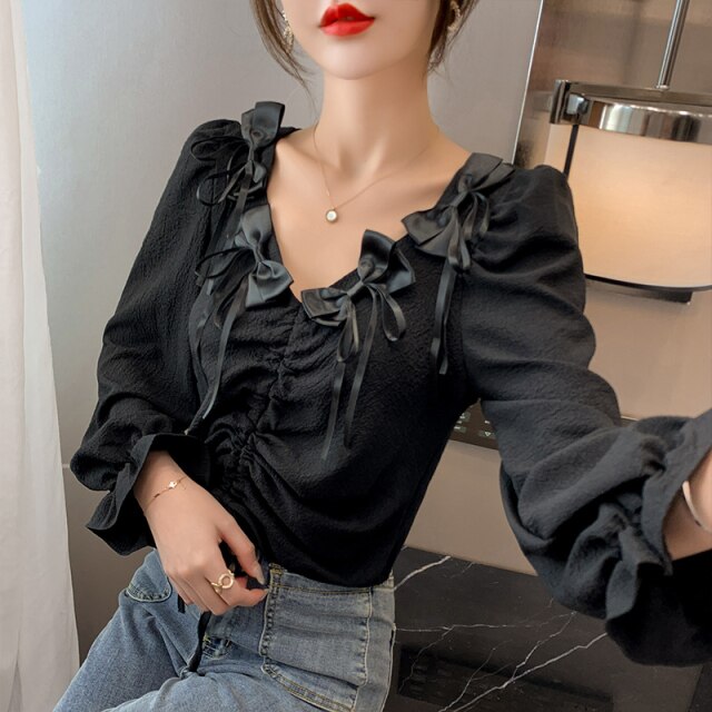 Fall 2021 V-neck Bubble Long-sleeved Bow Shirt Blouse with Lace-up Waist Slimming and Thin Temperament Blouses