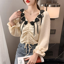 Load image into Gallery viewer, Fall 2021 V-neck Bubble Long-sleeved Bow Shirt Blouse with Lace-up Waist Slimming and Thin Temperament Blouses