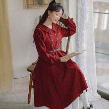 Load image into Gallery viewer, Fall 2021 Women French European American Retro Dress Hot Sale Doll Collar Dress Beaded Buttons Design Sense Literary Midi Dress