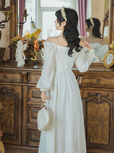 Load image into Gallery viewer, Fall French Retro White Pearl Jacquard Square Collar Long Sleeve Dresses Women Beaded V-shaped Design Strapless Sexy Maxi Dress