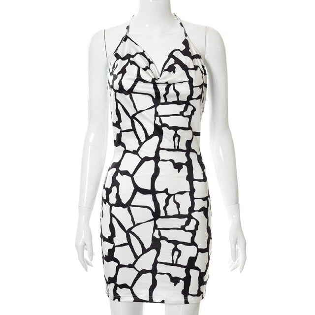 Fall Sexy Lace Up Halter Backless Dress For Women Night Club Party Elegant Printed Strap Short Mini Dresses Fashion Beachwear