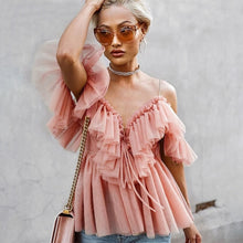 Load image into Gallery viewer, Vintage Ruffle Summer Women Shirt Off Shoulder Sexy Peplum Top Female Mesh Backless Feminine Blouse Blusas