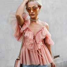 Load image into Gallery viewer, Vintage Ruffle Summer Women Shirt Off Shoulder Sexy Peplum Top Female Mesh Backless Feminine Blouse Blusas