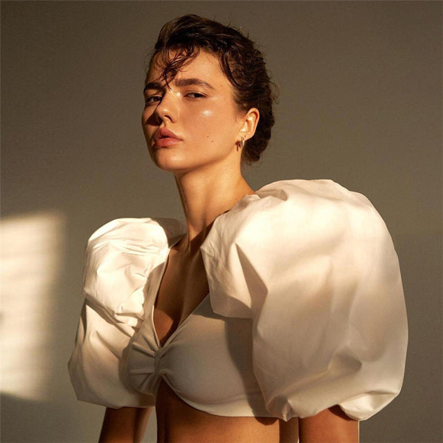 Fashion 2022 Elegant Puff Sleeve Tops and Blouses Women Summer Wrap Shirts Blouse Short Sleeve Top Cropped Club Party Clothes