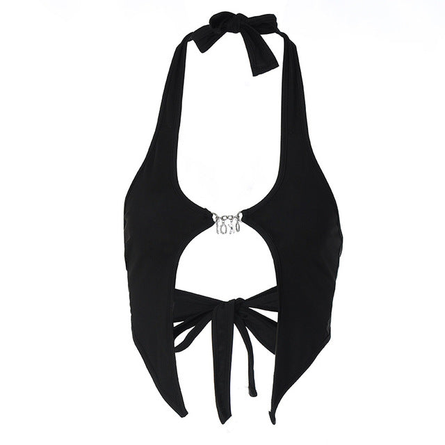 Fashion 2022 Summer Chic Black Halterneck Bandage Crop Top Women's Clothing Basic Rave Festival Sexy Cutout Tops Streetwear