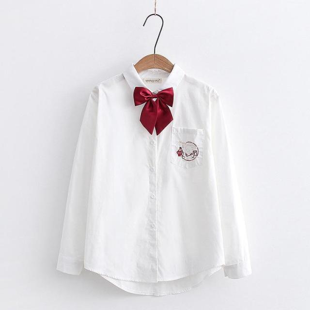 Fashion 2022 Sweet Preppy Style Bow Shirts Women Simple Single Breasted Fresh Tops Long Sleeve Cute Kawaii Blouses Spring