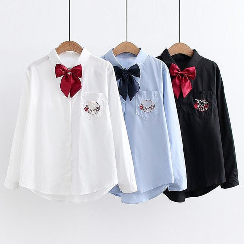 Fashion 2022 Sweet Preppy Style Bow Shirts Women Simple Single Breasted Fresh Tops Long Sleeve Cute Kawaii Blouses Spring
