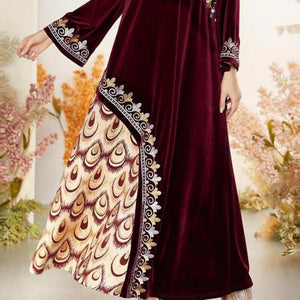 Fashion Arabian Gold Thread Embroidery Muslim Casual Jacquard Stitching Velvet Large Swing Dress Fashion Kaftan Islamic Clothing