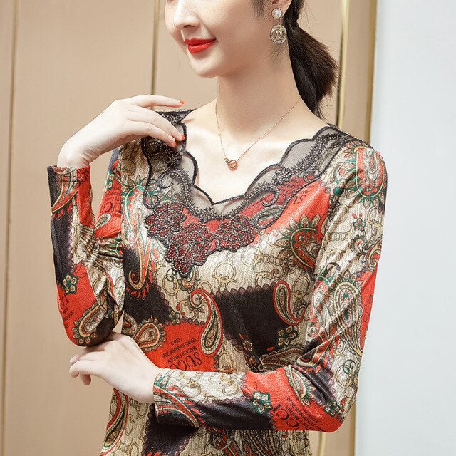 Fashion Casual Long Sleeve Print Mesh Tops New 2021 Autumn Hot Drilling Bottoming Shirt M-4XL Plus Size Women Clothing