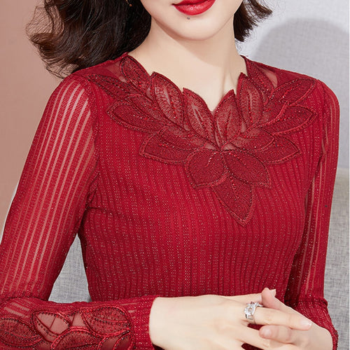 Fashion Casual Long Sleeve V-Neck Lace Tops New 2021 Autumn Solid Color Patchwork Mesh T-Shirt Plus Size M-4XL Women Clothing