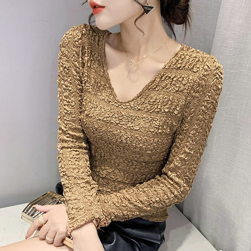 Fashion Casual Long Sleeve Women Tops New 2021 Autumn V-Neck Solid Color T-Shirt M-3XL Plus Size Female Clothing Blusas
