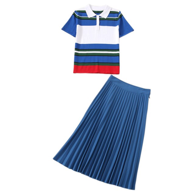 Fashion Classic Summer Women Sets New Striped Patchwork Knitted Tops And Casual Pleated Skirt Office Two-Piece Suit
