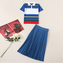 Load image into Gallery viewer, Fashion Classic Summer Women Sets New Striped Patchwork Knitted Tops And Casual Pleated Skirt Office Two-Piece Suit