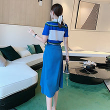 Load image into Gallery viewer, Fashion Classic Summer Women Sets New Striped Patchwork Knitted Tops And Casual Pleated Skirt Office Two-Piece Suit