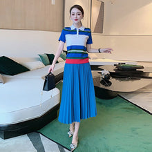 Load image into Gallery viewer, Fashion Classic Summer Women Sets New Striped Patchwork Knitted Tops And Casual Pleated Skirt Office Two-Piece Suit