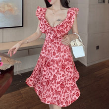 Load image into Gallery viewer, Fashion Dresses 2021 Summer Clothing Women Sexy Slash Neck Sweet Floral Print Ruffle Pleated Dress Slim Fairy Vestido De Mujer