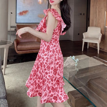 Load image into Gallery viewer, Fashion Dresses 2021 Summer Clothing Women Sexy Slash Neck Sweet Floral Print Ruffle Pleated Dress Slim Fairy Vestido De Mujer