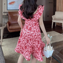 Load image into Gallery viewer, Fashion Dresses 2021 Summer Clothing Women Sexy Slash Neck Sweet Floral Print Ruffle Pleated Dress Slim Fairy Vestido De Mujer