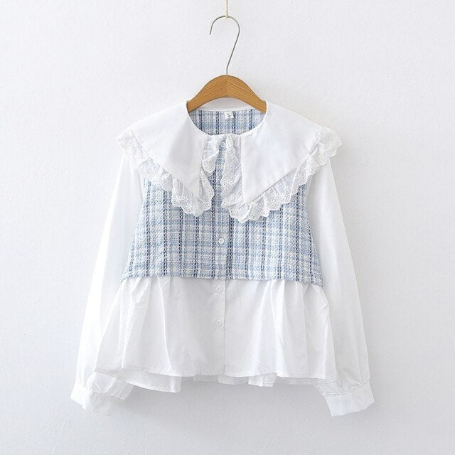 Fashion Fake Two Piece Shirts Women Sweet Fresh Peter Pan Collar Tops Long Sleeve 2022 Patchwork Elegant Lace Blouses Femme