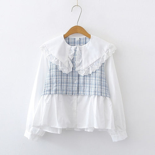 Fashion Fake Two Piece Shirts Women Sweet Fresh Peter Pan Collar Tops Long Sleeve 2022 Patchwork Elegant Lace Blouses Femme