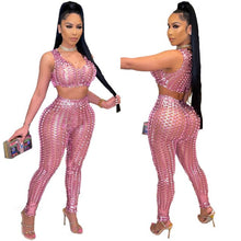 Load image into Gallery viewer, Fashion Fish Scale Hollow Out Women Sexy Two Piece Set Sleeveless Crop Top Vest Pencil Pants Female Night Club Party Suit