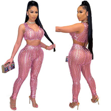 Load image into Gallery viewer, Fashion Fish Scale Hollow Out Women Sexy Two Piece Set Sleeveless Crop Top Vest Pencil Pants Female Night Club Party Suit
