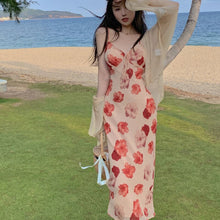 Load image into Gallery viewer, Fashion Holiday Print Chiffon Sppaghetti Strap Dress+ Long Bubble Sleeve Sunscreen Shirt 2021 Summer 2 Piece Sets Womens Outfits