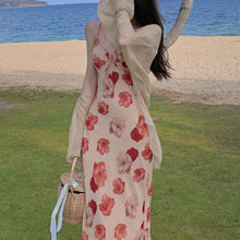 Load image into Gallery viewer, Fashion Holiday Print Chiffon Sppaghetti Strap Dress+ Long Bubble Sleeve Sunscreen Shirt 2021 Summer 2 Piece Sets Womens Outfits