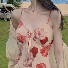 Load image into Gallery viewer, Fashion Holiday Print Chiffon Sppaghetti Strap Dress+ Long Bubble Sleeve Sunscreen Shirt 2021 Summer 2 Piece Sets Womens Outfits