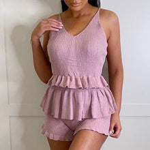 Load image into Gallery viewer, Fashion Knitted Solid Suits Women Elegant Ruffles V Neck Sleeveless Tops Suit Women Casual Shorts Suits Ladies