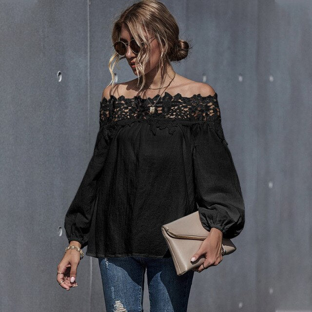 Fashion Lace Women Blouses Shirt Summer Puff Sleeve Women Tops Hollow Lace Blouse Women Slash Neck Shirt Female Blusas Femininas