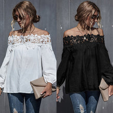 Load image into Gallery viewer, Fashion Lace Women Blouses Shirt Summer Puff Sleeve Women Tops Hollow Lace Blouse Women Slash Neck Shirt Female Blusas Femininas
