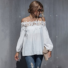 Load image into Gallery viewer, Fashion Lace Women Blouses Shirt Summer Puff Sleeve Women Tops Hollow Lace Blouse Women Slash Neck Shirt Female Blusas Femininas
